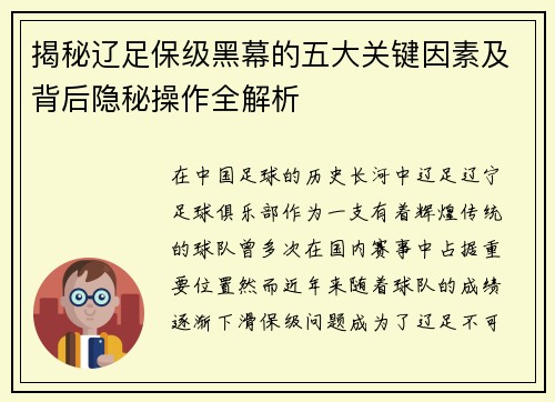 揭秘辽足保级黑幕的五大关键因素及背后隐秘操作全解析