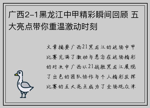 广西2-1黑龙江中甲精彩瞬间回顾 五大亮点带你重温激动时刻