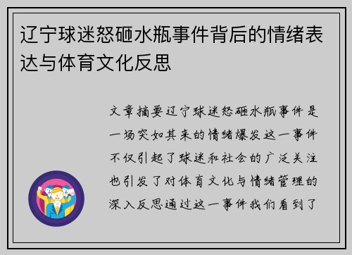 辽宁球迷怒砸水瓶事件背后的情绪表达与体育文化反思